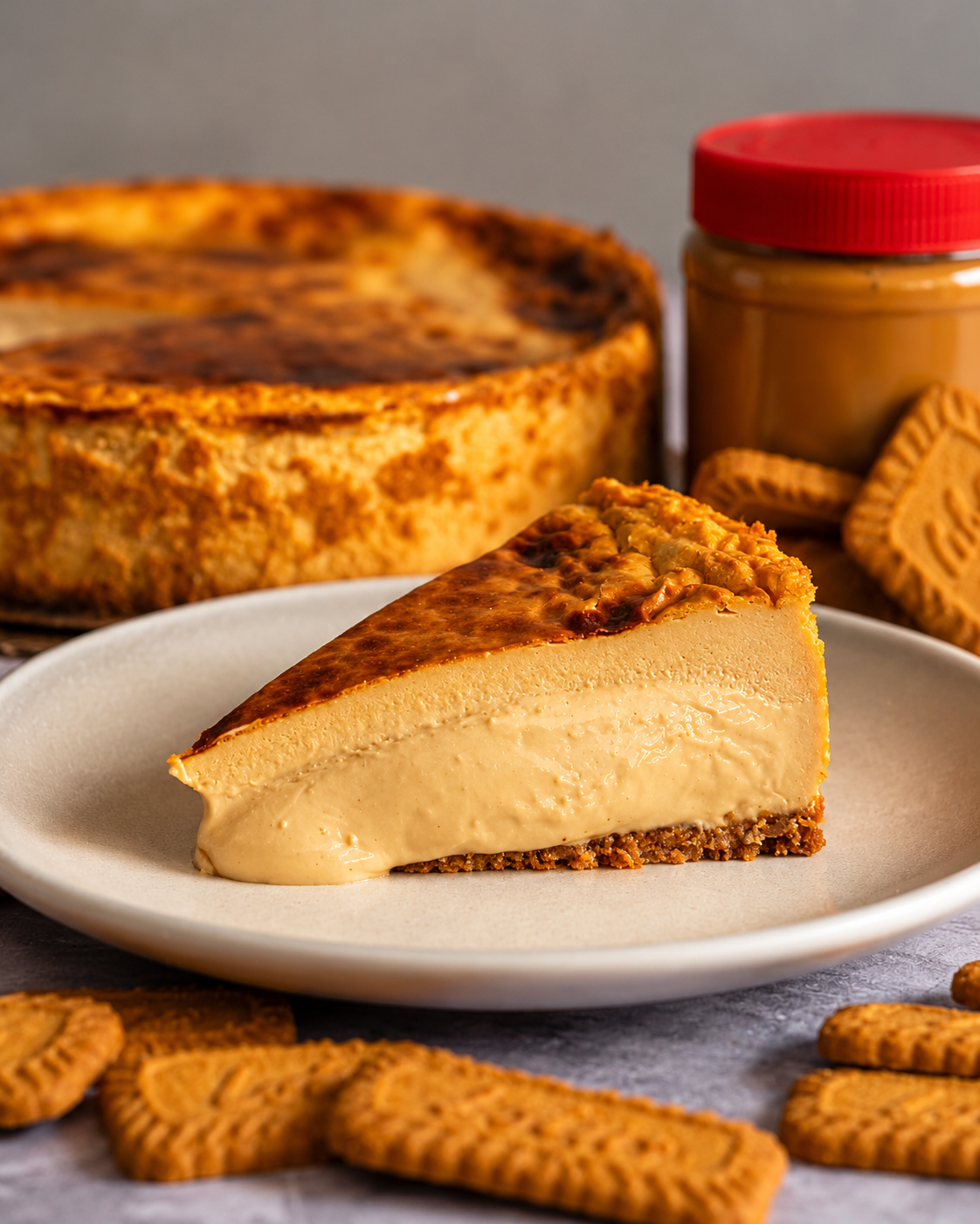 Creamy Lotus cookie butter Basque cheesecake slice with caramelized biscuits