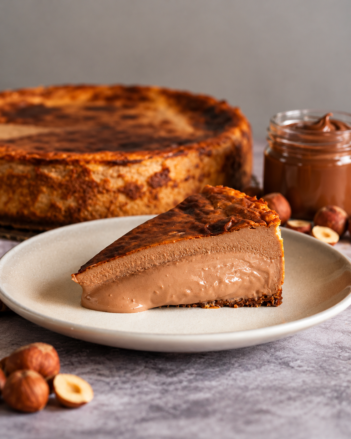 Creamy chocolate hazelnut Basque cheesecake slice